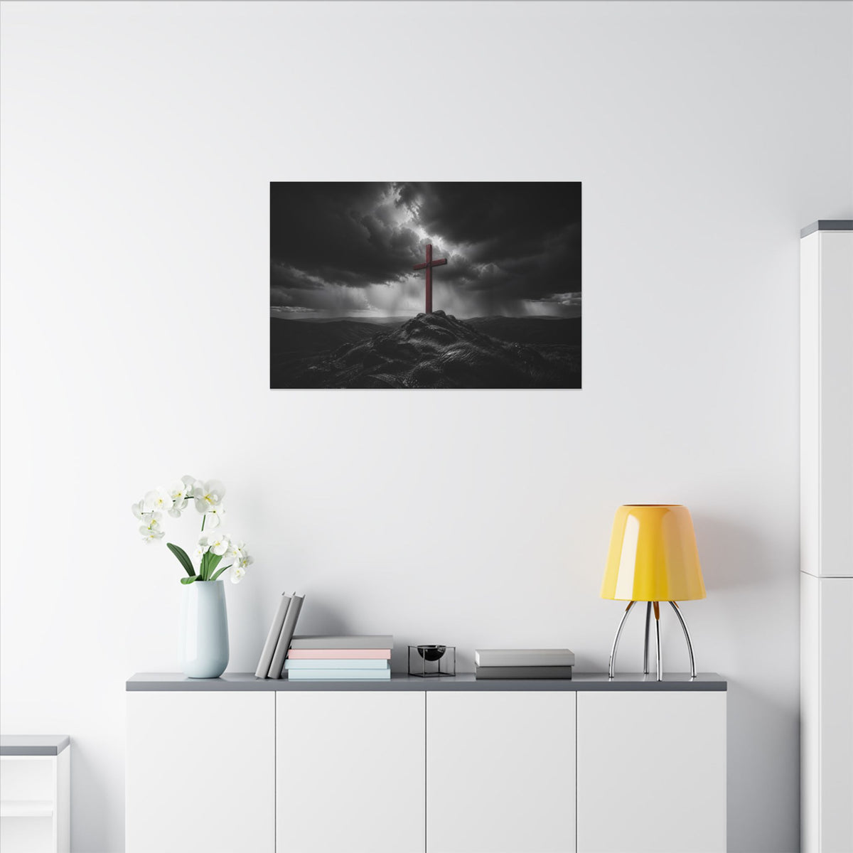 Red Cross in the Storm - Christian Cross Wall Art | Canvas (Landscape)
